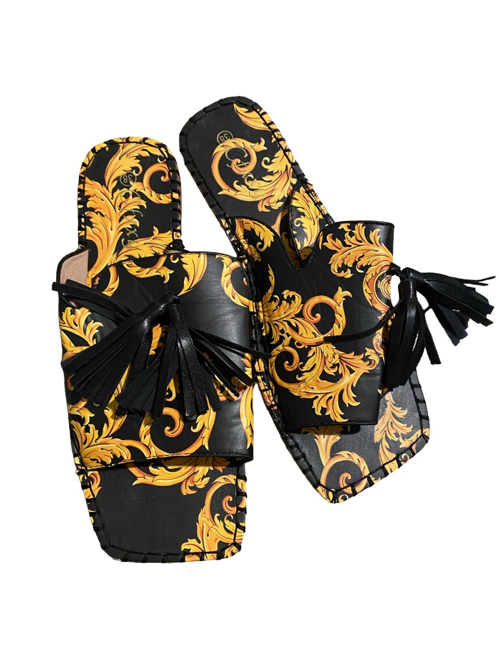 Black and Gold Tassel Slide Sandals - Women's Fashion Slides - Picture 3 of 3